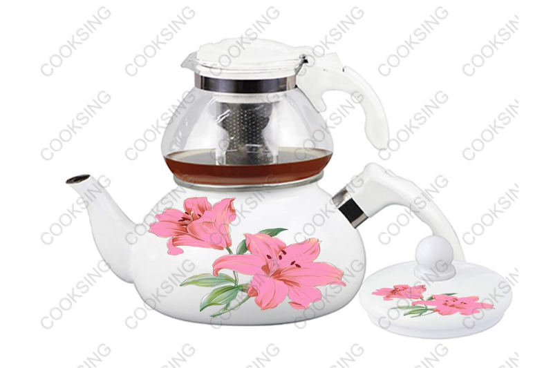 BK-507WGD 0.75L Glass Teapot+2.3L Enamel Kettle With Bakelite Handle And Decals Flower