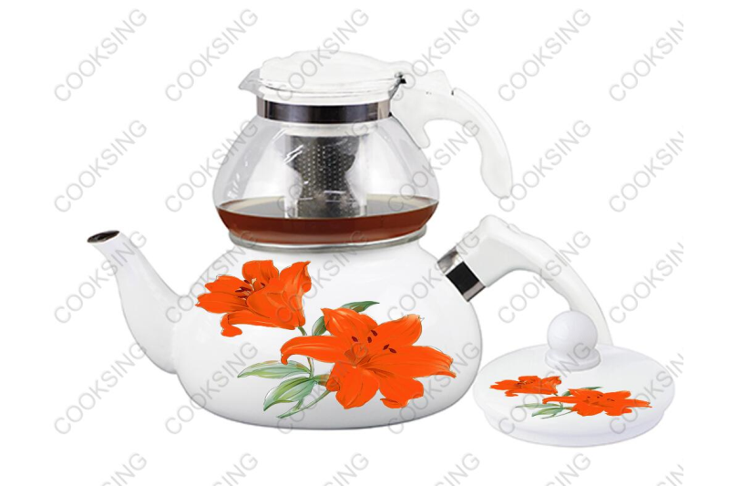 BK-507WGD 0.75L Glass Teapot+2.3L Enamel Kettle With Bakelite Handle And Decals Flower