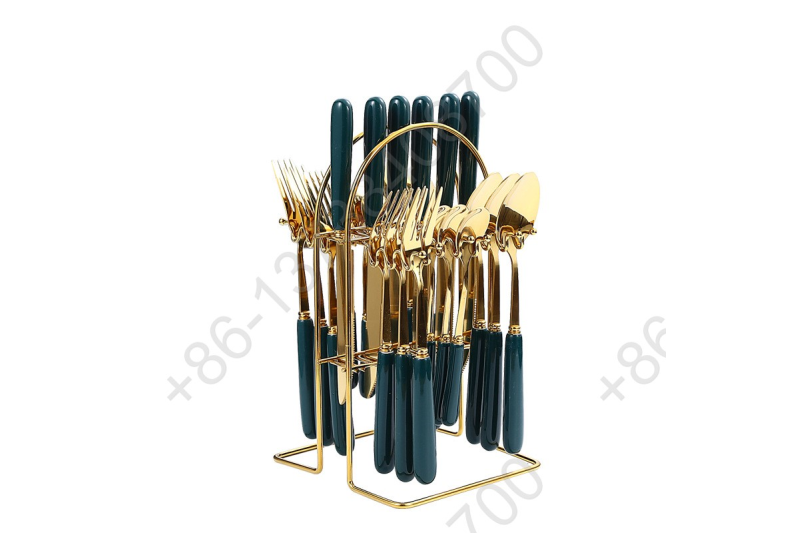 25 Pcs Gold Plated Hang Flatware Set Stainless Steel Knife Fork Spoon Cutlery Set With Color Ceramic Handle