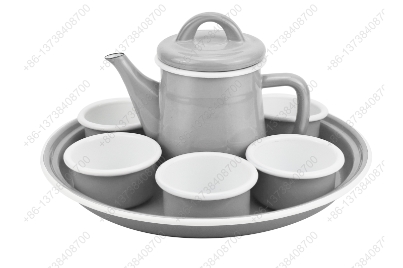 28.5cm Deep Enamel Round Tray Plate+0.6L Enamel Teapot+6pcs Enamel Bowl