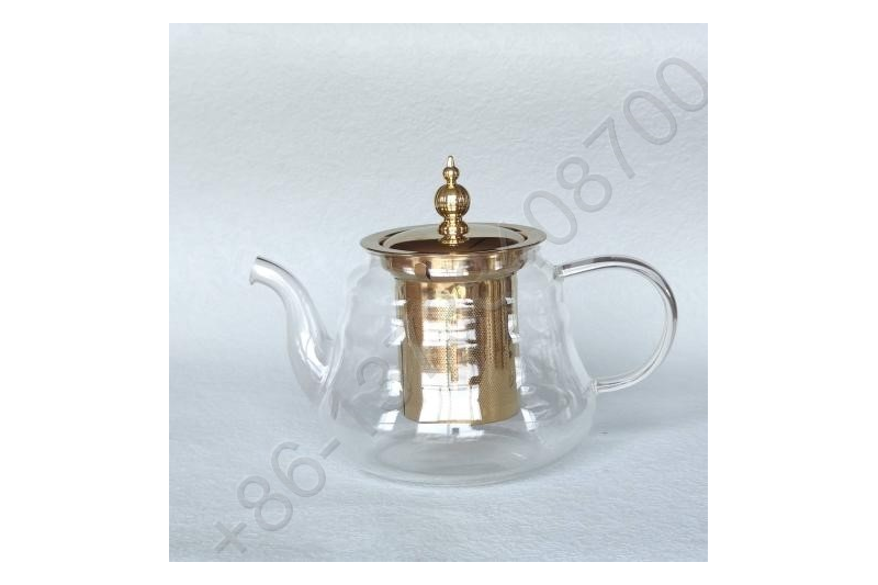 0.9L Luxury High Quality Tea Pot Gold Stainless Steel Filter And Lid Glass Handle Heat Resistant Glass Teapot