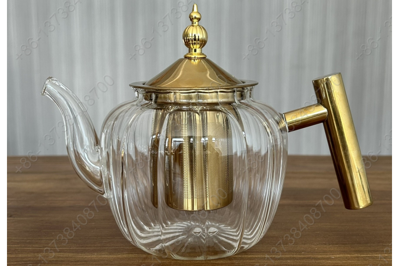 0.8L/1.0L/1.2L Luxury High Quality Tea Pot Gold Stainless Steel Handle Heat Resistant Pyrex Glass Teapot