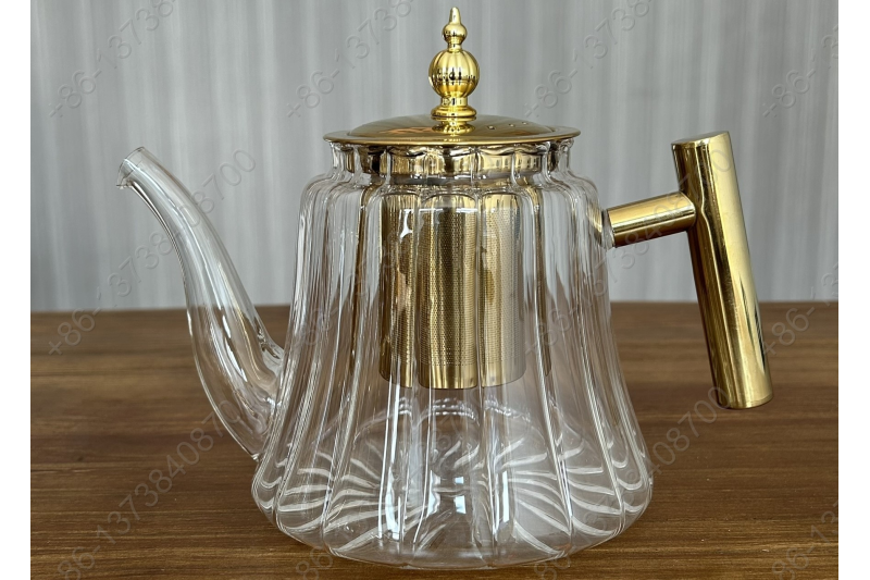 1.2L Luxury High Quality Pyrex Tea Pot Gold Stainless Steel Handle Heat Resistant Pyrex Glass Teapot