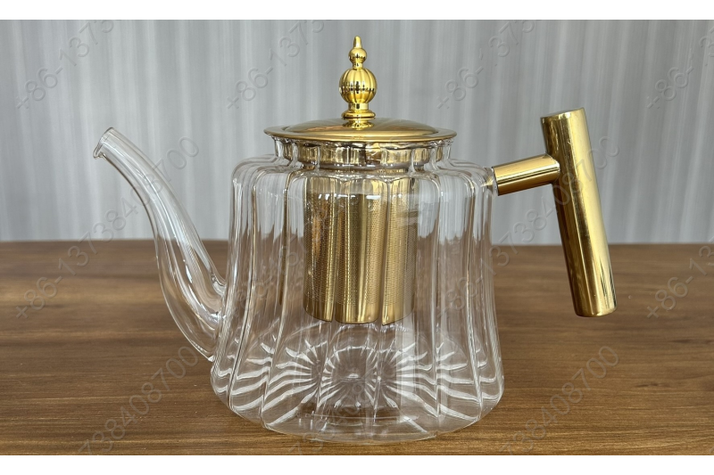 0.8L/1.1L Luxury High Quality Pyrex Tea Pot Gold Stainless Steel Handle Heat Resistant Pyrex Glass Teapot