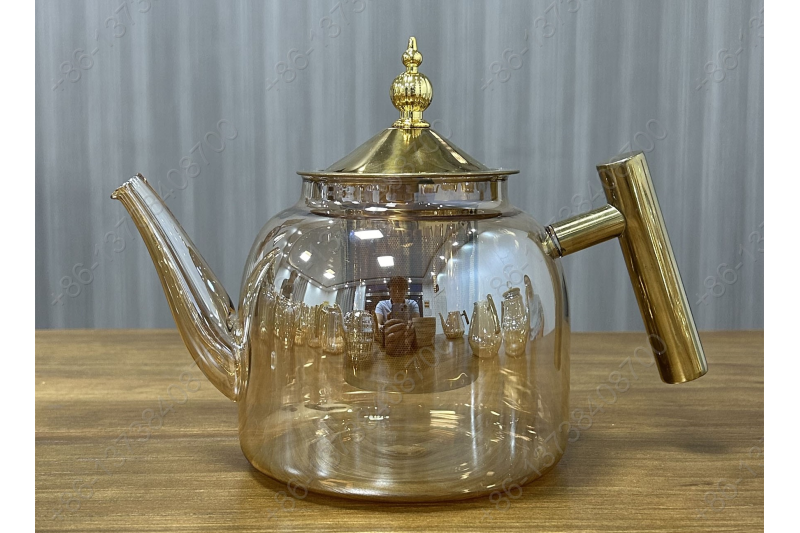 0.8L/1.0L Luxury High Quality Pyrex Tea Pot Gold Stainless Steel Handle Heat Resistant Pyrex Glass Teapot