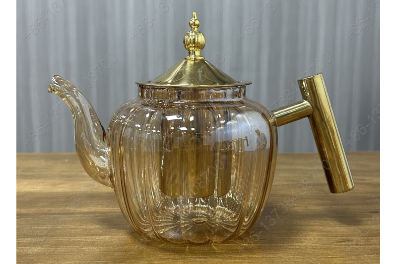 0.8L/1.0L/1.2L Luxury High Quality Pyrex Tea Pot Gold Stainless Steel Handle Heat Resistant Pyrex Glass Teapot