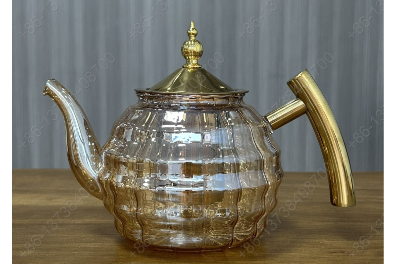 0.8L/1.0L/1.2L Luxury High Quality Pyrex Tea Pot Gold Stainless Steel Handle Heat Resistant Pyrex Glass Teapot