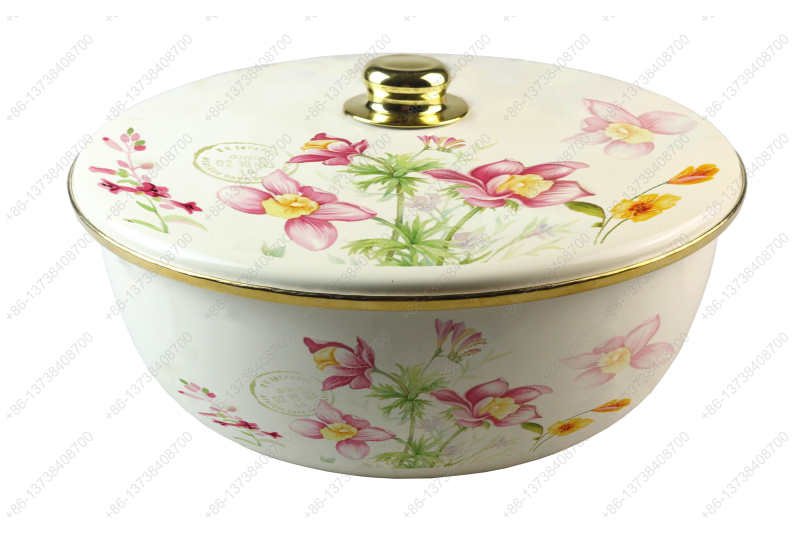 26CM/29CM/32CM Luxury High Quality Enamel Bowl Enamel Pot With Decals Enamel Cover And Golden Knob & Rim