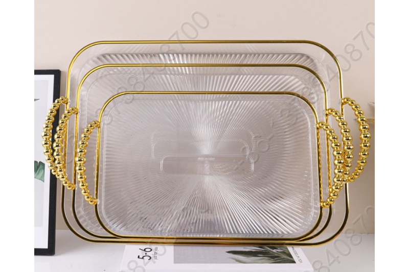 3 Pcs Set Luxury Fruit Tray Tea Tray Plastic Transparent Golden/Silver Edge Storage Plate Multifunctional Household Tray