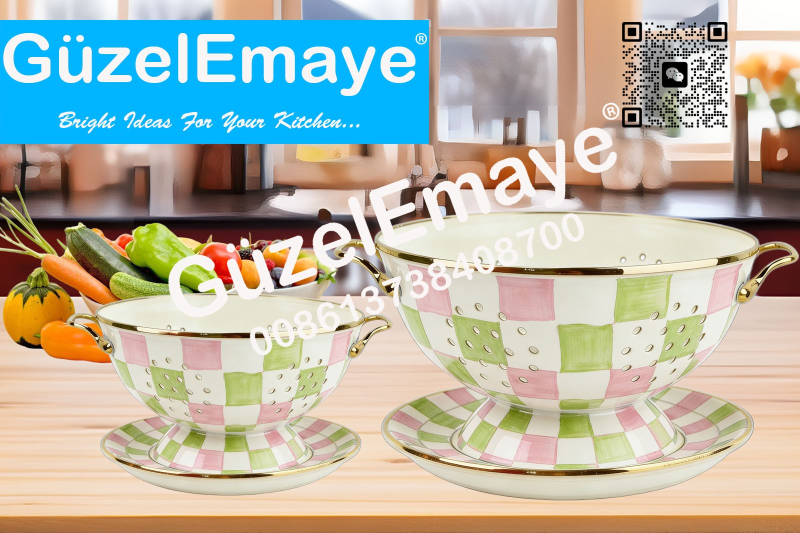 GüzelEmaye Enamel Metal Colander Set Of 2 Pieces Colander+Plate , Strainer Basket with Handles Perfect For Spaghetti, Pasta, Berry, Vegetable, Fruit