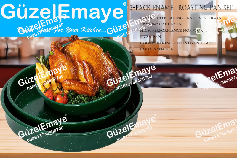 3-Pack 26cm-32cm-38cm Enamel Roasting Pan Set Round Deep Baking Pans Oven Trays10