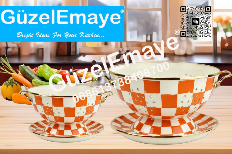 GüzelEmaye Enamel Metal Colander Set Of 2 Pieces Colander+Plate , Strainer Basket with Handles Perfect For Spaghetti, Pasta, Berry, Vegetable, Fruit