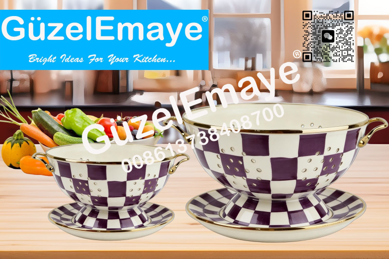 GüzelEmaye Enamel Metal Colander Set Of 2 Pieces Colander+Plate , Strainer Basket with Handles Perfect For Spaghetti, Pasta, Berry, Vegetable, Fruit