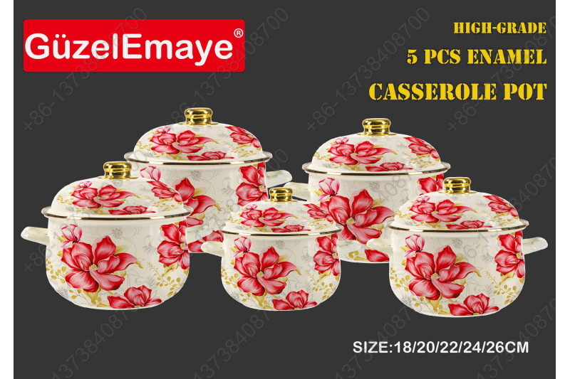 18/20/22/24/26cm 5 Pcs Enamel Casserole Pot With Decal Designs And Enamel Cover & Golden Knobs & Rim