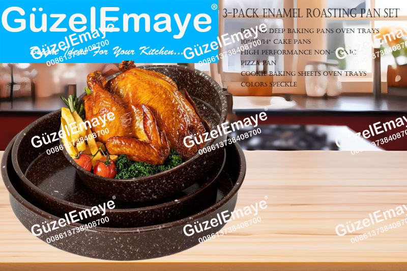 3-Pack 26cm-32cm-38cm Enamel Roasting Pan Set Round Deep Baking Pans Oven Trays10