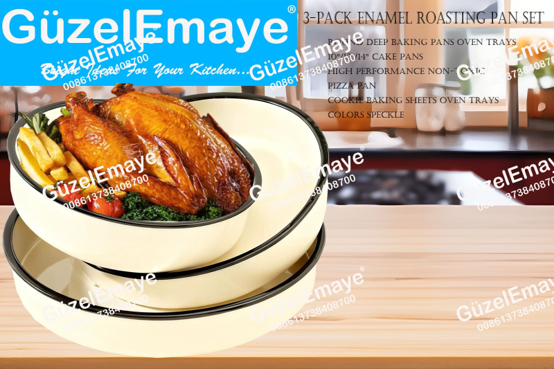 3-Pack 26cm-32cm-38cm Enamel Roasting Pan Set Round Deep Baking Pans Oven Trays10
