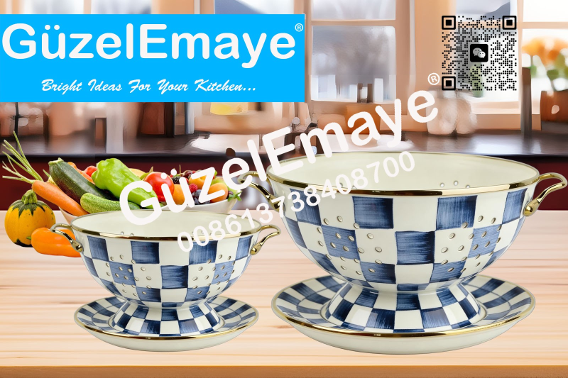 GüzelEmaye Enamel Metal Colander Set Of 2 Pieces Colander+Plate , Strainer Basket with Handles Perfect For Spaghetti, Pasta, Berry, Vegetable, Fruit