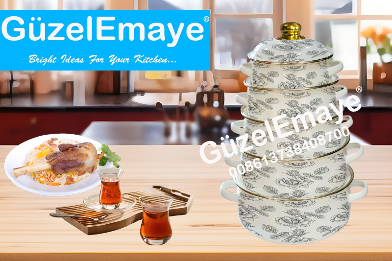 16/18/20/22/24cm 5 Pcs Enamel Casserole Pot With Decal Designs And Enamel Cover & Golden Knobs & Rim