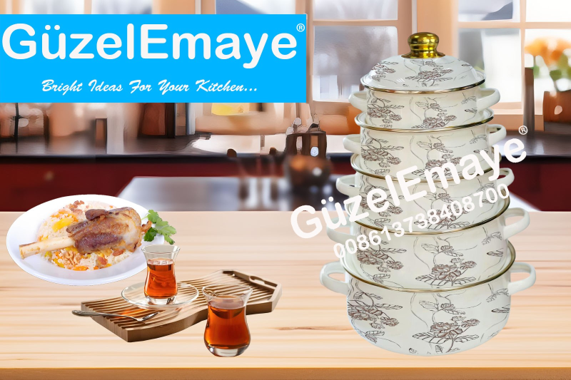 16/18/20/22/24cm 5 Pcs Enamel Casserole Pot With Decal Designs And Enamel Cover & Golden Knobs & Rim