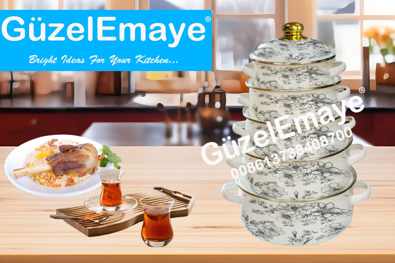 16/18/20/22/24cm 5 Pcs Enamel Casserole Pot With Decal Designs And Enamel Cover & Golden Knobs & Rim