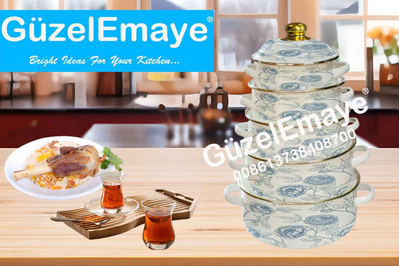 16/18/20/22/24cm 5 Pcs Enamel Casserole Pot With Decal Designs And Enamel Cover & Golden Knobs & Rim