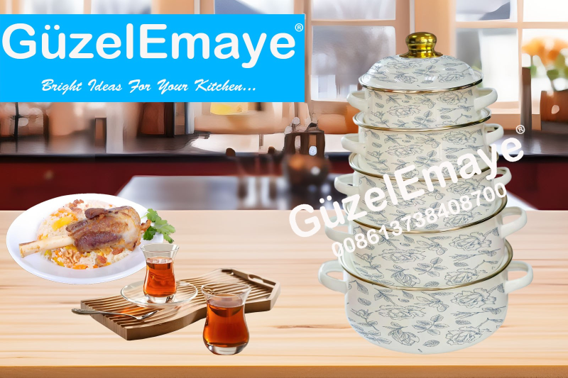 16/18/20/22/24cm 5 Pcs Enamel Casserole Pot With Decal Designs And Enamel Cover & Golden Knobs & Rim