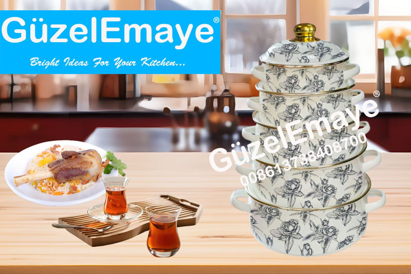 16/18/20/22/24cm 5 Pcs Enamel Casserole Pot With Decal Designs And Enamel Cover & Golden Knobs & Rim