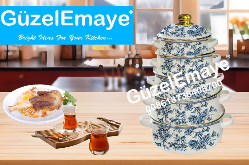 16/18/20/22/24cm 5 Pcs Enamel Casserole Pot With Decal Designs And Enamel Cover & Golden Knobs & Rim