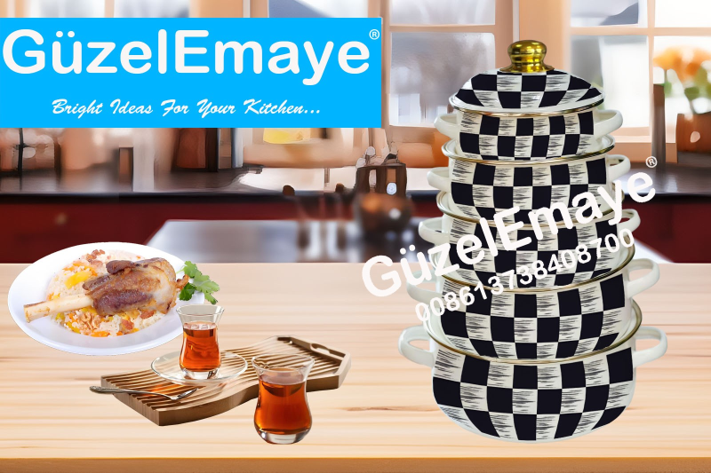 16/18/20/22/24cm 5 Pcs Enamel Casserole Pot With Decal Designs And Enamel Cover & Golden Knobs & Rim