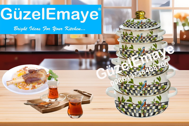 16/18/20/22/24cm 5 Pcs Enamel Casserole Pot With Decal Designs And Enamel Cover & Golden Knobs & Rim