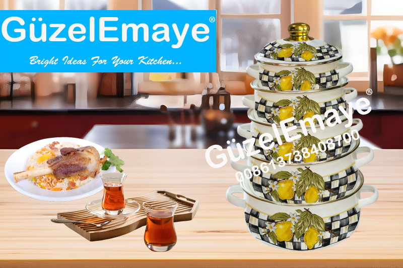 16/18/20/22/24cm 5 Pcs Enamel Casserole Pot With Decal Designs And Enamel Cover & Golden Knobs & Rim