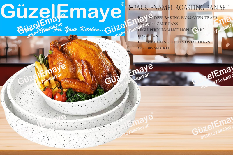 3-Pack 26cm-32cm-38cm Enamel Roasting Pan Set Round Deep Baking Pans Oven Trays10