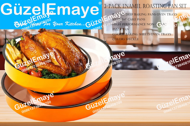 3-Pack 26cm-32cm-38cm Enamel Roasting Pan Set Round Deep Baking Pans Oven Trays10
