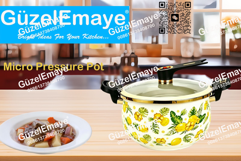 Luxury European Middle Eastern Style Enamel Micro Pressure Cooker Pot With Golden Parts & Vintage Floral Decals