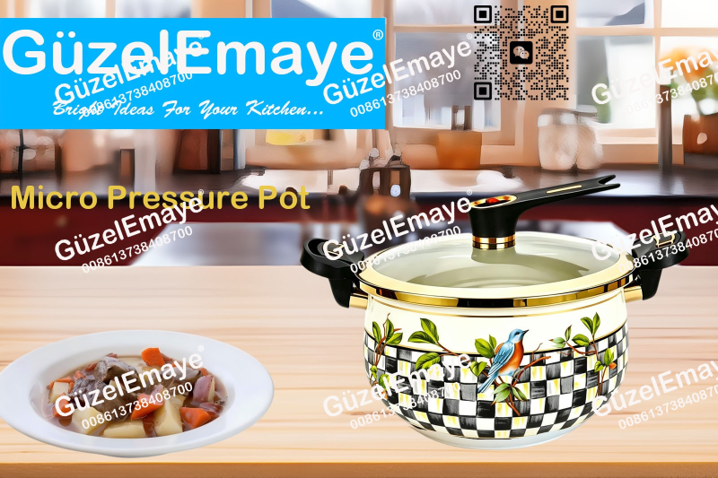 Luxury European Middle Eastern Style Enamel Micro Pressure Cooker Pot With Golden Parts & Vintage Floral Decals