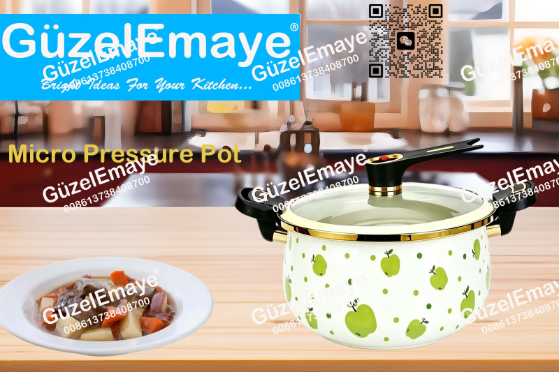 Luxury European Middle Eastern Style Enamel Micro Pressure Cooker Pot With Golden Parts & Vintage Floral Decals
