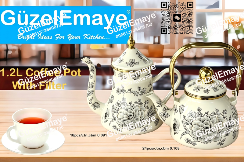 1.2L Luxury Mid-East Market Enamel Coffee Pot Enamel Teapot Kettle With Filter & Golden Knobs & Handle