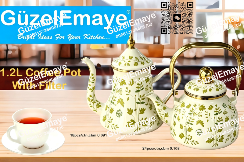 1.2L Luxury Mid-East Market Enamel Coffee Pot Enamel Teapot Kettle With Filter & Golden Knobs & Handle