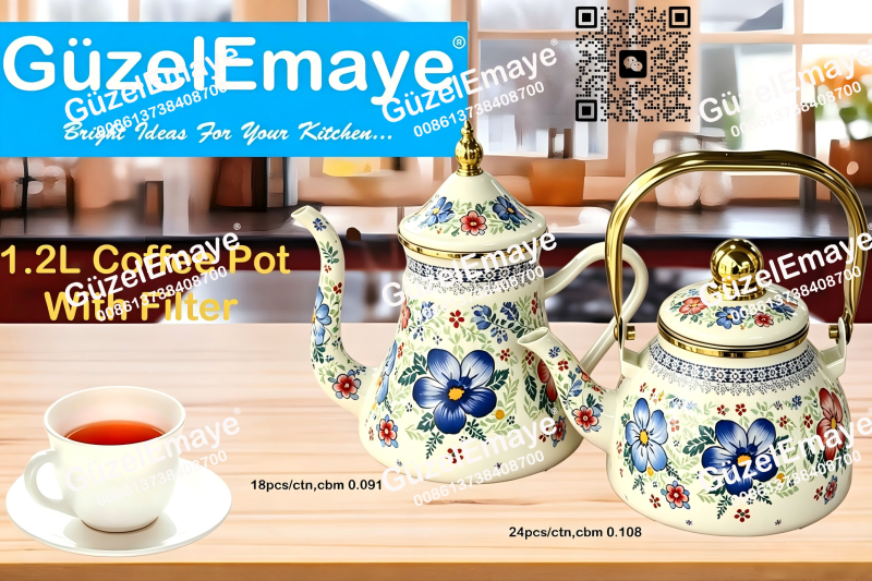 1.2L Luxury Mid-East Market Enamel Coffee Pot Enamel Teapot Kettle With Filter & Golden Knobs & Handle