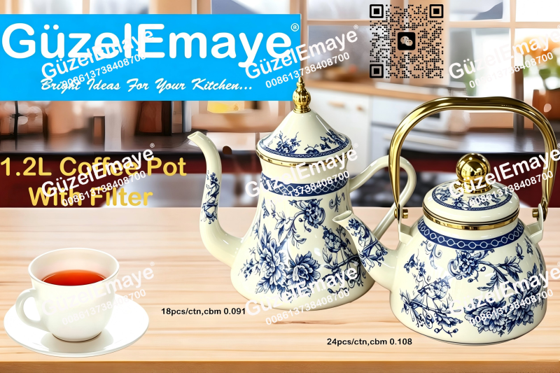 1.2L Luxury Mid-East Market Enamel Coffee Pot Enamel Teapot Kettle With Filter & Golden Knobs & Handle
