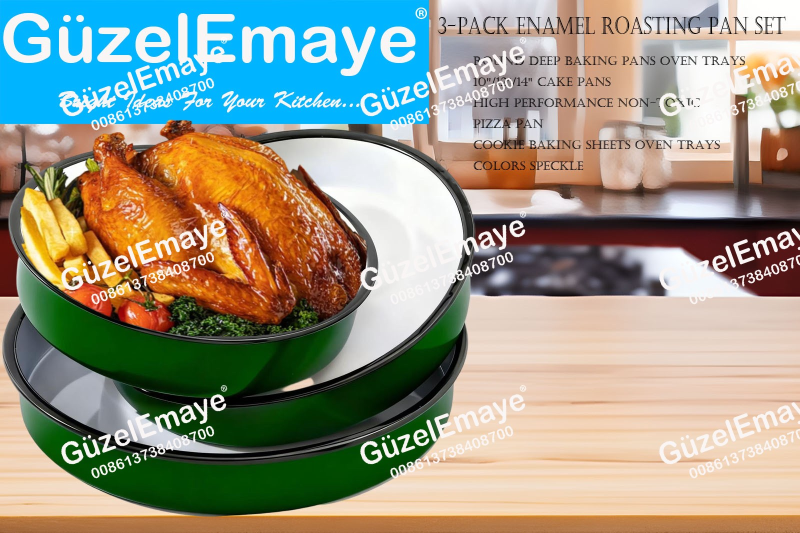 3-Pack 26cm-32cm-38cm Enamel Roasting Pan Set Round Deep Baking Pans Oven Trays10