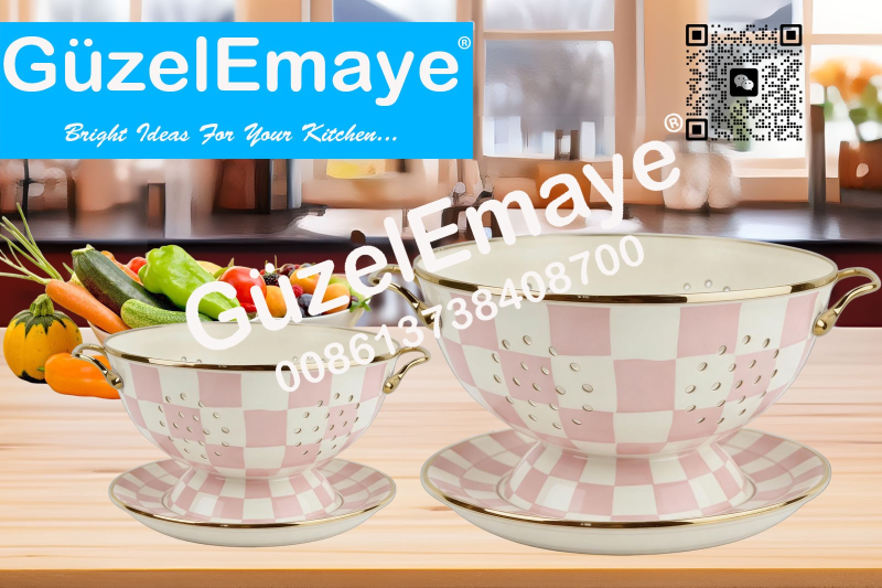 GüzelEmaye Enamel Metal Colander Set Of 2 Pieces Colander+Plate , Strainer Basket with Handles Perfect For Spaghetti, Pasta, Berry, Vegetable, Fruit