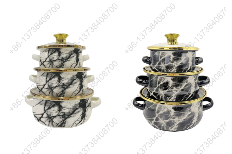 12cm/14cm/16cm Enamel Mini Pot With Marbles Decals / Colors And Glass Cover & Golden Knobs & Rim