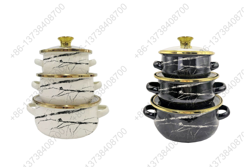 12cm/14cm/16cm Enamel Mini Pot With Marbles Decals / Colors And Glass Cover & Golden Knobs & Rim