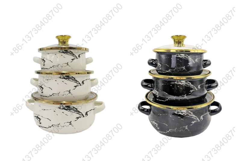 12cm/14cm/16cm Enamel Mini Pot With Marbles Decals / Colors And Glass Cover & Golden Knobs & Rim