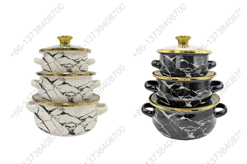 12cm/14cm/16cm Enamel Mini Pot With Marbles Decals / Colors And Glass Cover & Golden Knobs & Rim