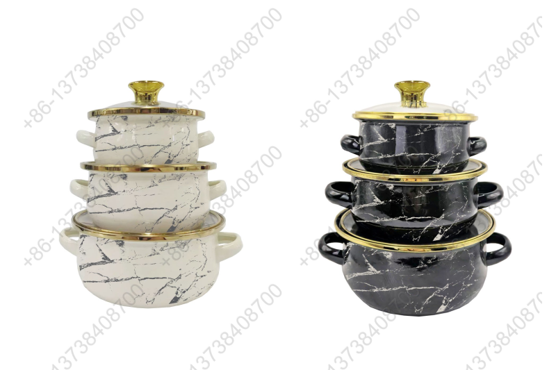 12cm/14cm/16cm Enamel Mini Pot With Marbles Decals / Colors And Glass Cover & Golden Knobs & Rim