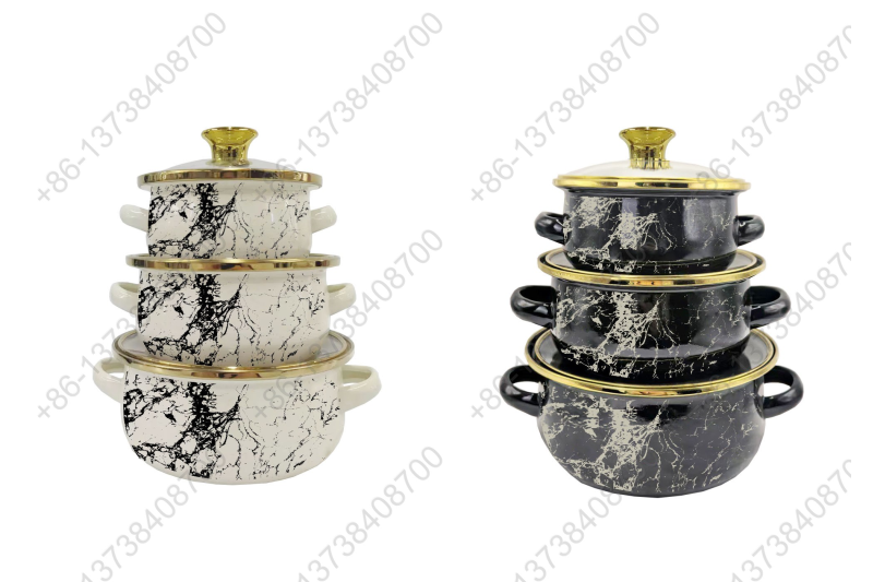 12cm/14cm/16cm Enamel Mini Pot With Marbles Decals / Colors And Glass Cover & Golden Knobs & Rim