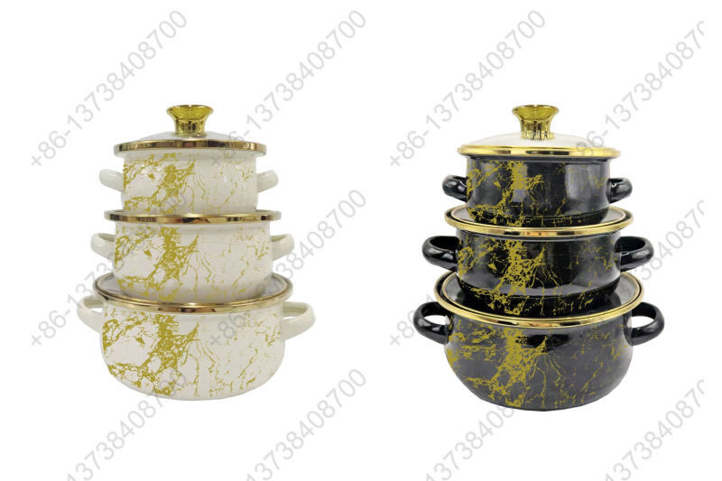 12cm/14cm/16cm Enamel Mini Pot With Marbles Decals / Colors And Glass Cover & Golden Knobs & Rim