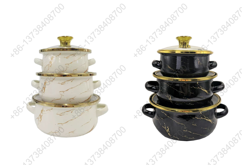12cm/14cm/16cm Enamel Mini Pot With Marbles Decals / Colors And Glass Cover & Golden Knobs & Rim